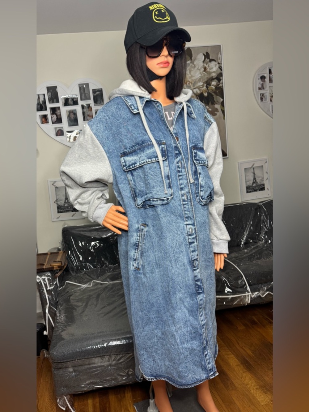 Women Long Denim Duster Jacket Hooded Two Tone Coat Blue Streetwear Layered NWT - Picture 5 of 5